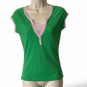 Vintage Y2K Hot Tempered Green‎ & Pink Lace Henley Top, Women's Size M.